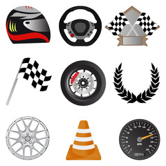 Racing icons. Racing objects including helmet, trophy, flag, wheel, rim, cone, speedometer, steering wheel and laurel wreath. Vector illustration. 