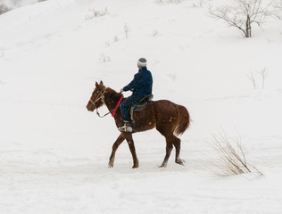 Fototapeta na wymiar man on a horse in the winter mountains