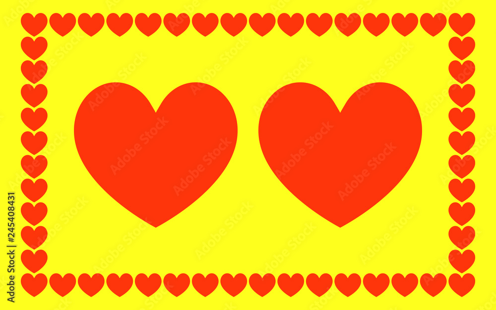 Poster two red hearts with frame isolated on yellow for pattern and valentine's day