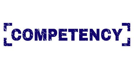COMPETENCY text seal print with grunge texture. Text label is placed between corners. Blue vector rubber print of COMPETENCY with corroded texture.