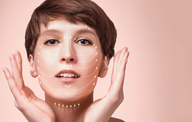 skin plastic surgery concept. Woman face with marks and arrows