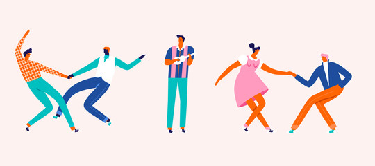 Dancing couples people card. Cartoon characters illustration.