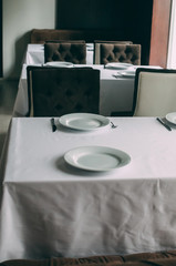 Beautiful table setting on grey background