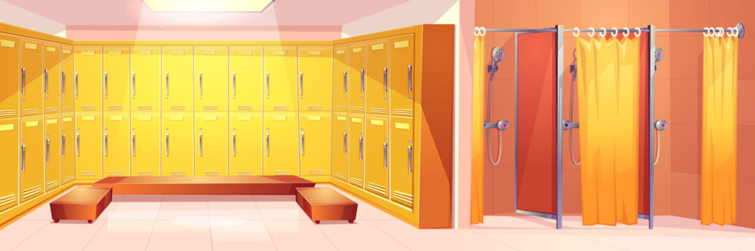 Modern gym or sport club comfortable locker room interior cartoon vector background with two rows of closed personal lockers, comfortable seats for dressing and shower cabins with curtain illustration