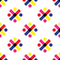 Seamless geometric pattern vector background colorful abstract design art with circles round dots and crosses made of rectangles and square yellow red purple blue