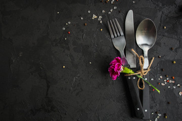 cutlery rustic, used for eating or serving (fork, knife, spoon - set). food background. copy space