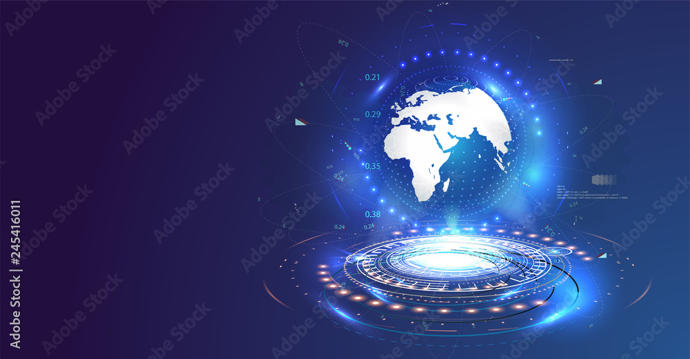 Fototapete shiny earth globe illustration between emerging rays. global network connection. world map point and