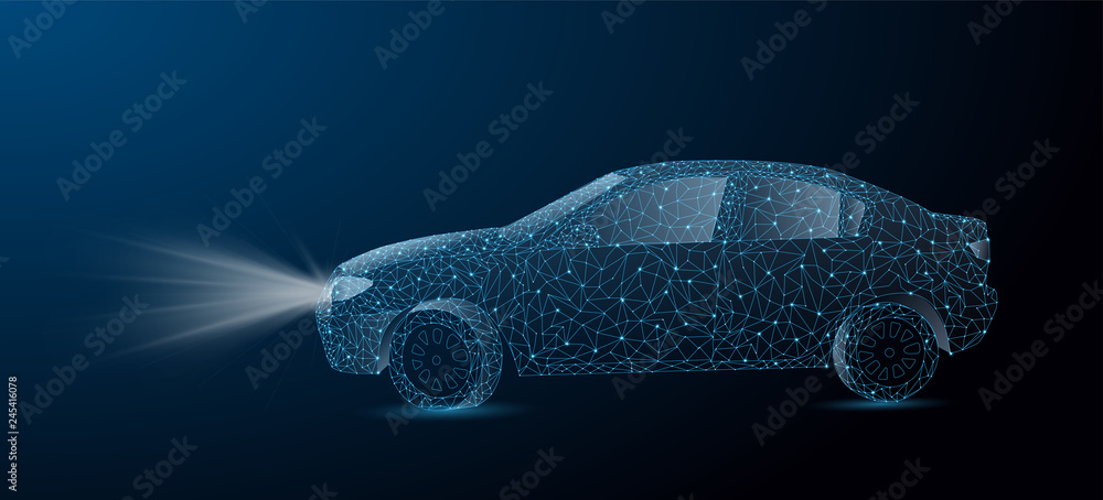 Fototapete Abstract image of a auto in the form of a starry sky or space, consisting of points, lines. Car form lines, triangles and particle style design. Vector