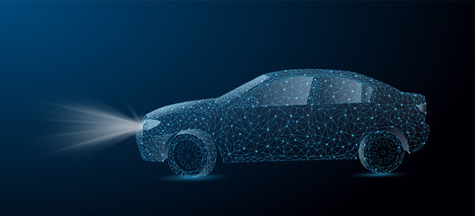 Abstract image of a auto in the form of a starry sky or space, consisting of points, lines. Car form lines, triangles and particle style design. Vector © ZinetroN