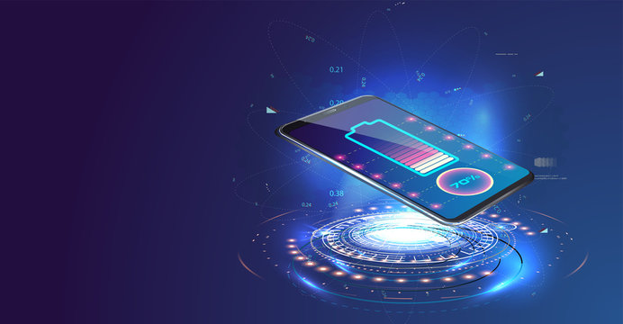 Wireless charging of the smartphone battery. Future concept. The progress of charging the battery of the phone.Wireless charging technology concept on blue background.