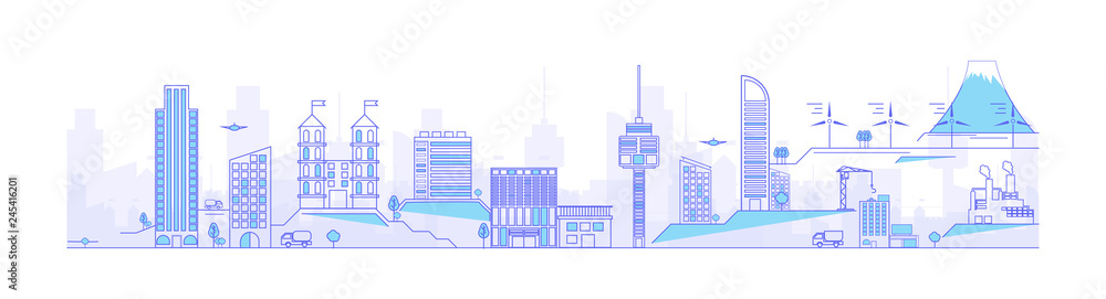 Wall mural thin line cityscape with skyscrapers. line modern urban big city panorama with color building on bac