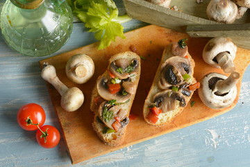 Rustic Toast bread with mushrooms and vegetables assorted