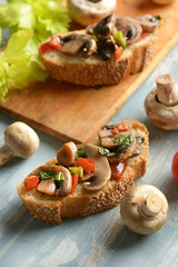 Rustic Toast bread with mushrooms and vegetables assorted