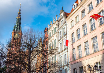 Gdansk, Poland, old town, view of old City Hall of Gdansk with clock tower.