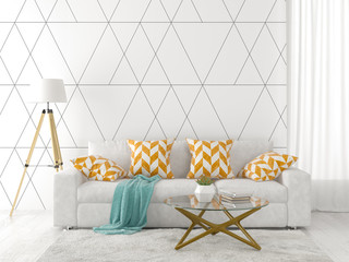 Interior of modern living room with sofa and furniture 3D rendering