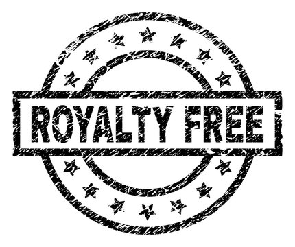 ROYALTY FREE stamp seal watermark with distress style. Designed with rectangle, circles and stars. Black vector rubber print of ROYALTY FREE text with dust texture.