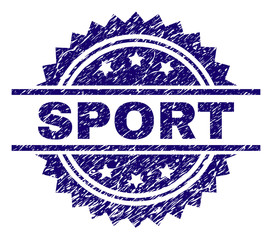 SPORT stamp seal watermark with distress style. Blue vector rubber print of SPORT label with retro texture.