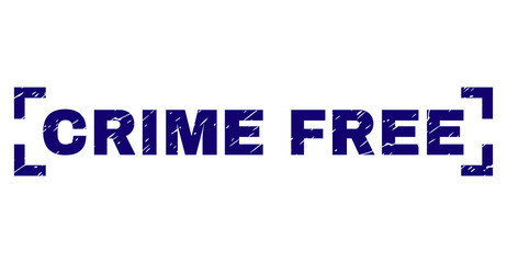 CRIME FREE title seal print with corroded texture. Text title is placed inside corners. Blue vector rubber print of CRIME FREE with grunge texture.