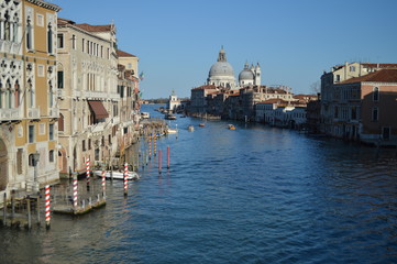 Wonderful Shot Of The Grand Canal From The Accademia Bridge With La Salute Church In The Background In Venice. Travel, holidays, architecture. March 28, 2015. Venice, Veneto region, Italy.