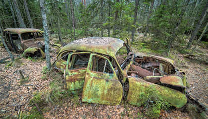 Old cars abandoned in the forest