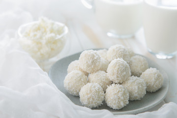 Coconut-curd sweets on the table