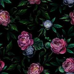 Seamless pattern of different white and blue peony flowers and leaves on dark black background