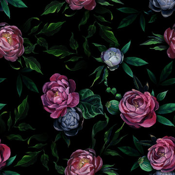 Seamless pattern of different white and blue peony flowers and leaves on dark black background