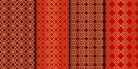 Set of Seamless Pattern With Abstract Geometric Style. Repeating Sample Figure And Line. Vector illustration. red gold color.