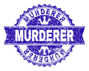 MURDERER rosette stamp imprint with grunge texture. Designed with round rosette, ribbon and small crowns. Blue vector rubber watermark of MURDERER title with dirty texture.