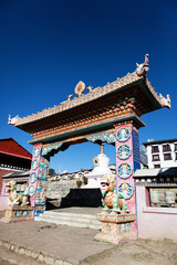 Ornate gate to Buddhist monastery Tengboche Khumbu Himalayas Nepal 