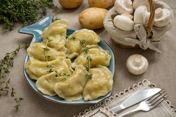 Dumplings with potatoes and mushrooms. This is a very popular food in Eastern European countries