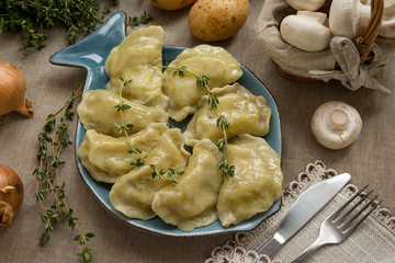 Dumplings with potatoes and mushrooms. This is a very popular food in Eastern European countries