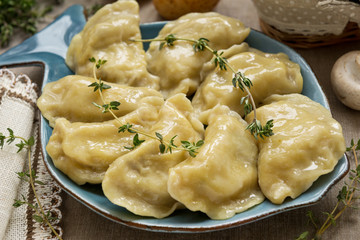 Dumplings with potatoes and mushrooms. This is a very popular food in Eastern European countries