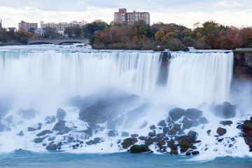Niagara Falls.  A close up long exposure view of the American Falls, a part of the Niagara Falls.  The falls straddle the border between America and Canada.