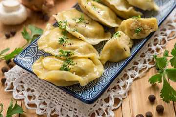 Dumplings with potatoes and mushrooms. This is a very popular food in Eastern European countries