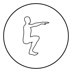Crouching Man doing exercises crouches squat Sport action male Workout silhouette side view icon black color illustration in circle round