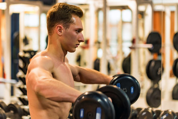Attractive male athlete doing biceps exercise with dumbbells