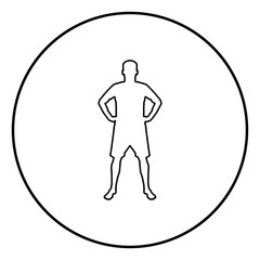 Man holding hands on belt confidence concept silhouette manager business icon black color illustration in circle round