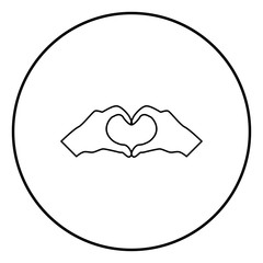 Two hands have shape heart Hands making heart symbol silhouette icon black color illustration in circle round