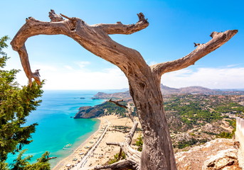 Tsampika beach and Rhodes island panorama from Tsampika mountain top, Greece