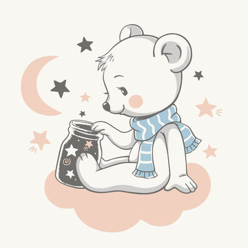 Vector illustration of a cute baby bear, sitting on the cloud among the stars.