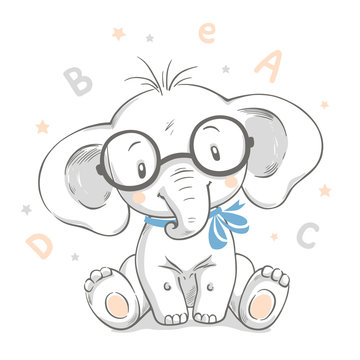 Hand drawn vector illustration of a cute baby elephant in big glasses.