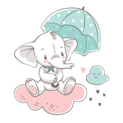 Vector illustration of a cute baby elephant, sitting on the cloud with green umbrella.