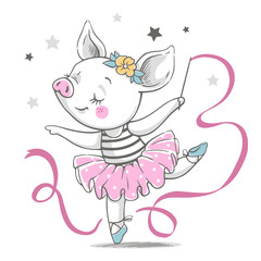 Vector illustration of a cute piggy ballerina in a pink tutu. © Helga Gavrilova