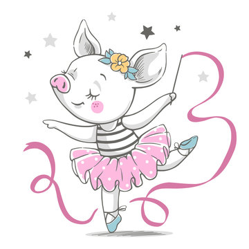 Vector illustration of a cute piggy ballerina in a pink tutu.