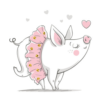 Vector illustration of a cute piggy ballerina in a pink tutu.