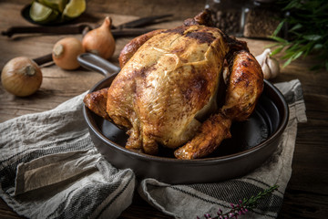 Roasted chicken on plate.