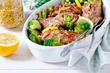 Chicken (turkey) baked with broccoli, lemon and grain mustard