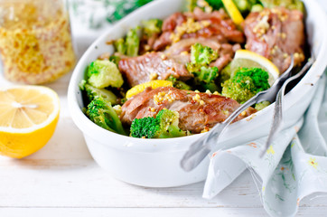 Chicken (turkey) baked with broccoli, lemon and grain mustard