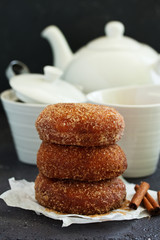 Donuts with cinnamon and chocolate cream. Homemade baking. Selective focus.